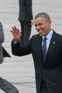 President Obama waves to the crowd after getting off Air Force One at Griffiss Airport. Ian Austin for allotsego.com