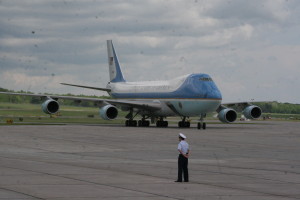 Air Force One touches down at Griffiss International Airport, the first such visit to this airport.  Ian Austin for allotsego.com 