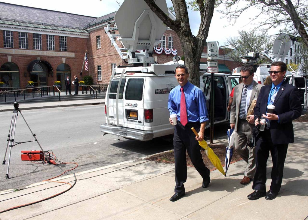 Hall of Fame President Jeff Idelson inspects the perimeter this morning with members of his management team, Senior VP/Finance Jeff Jones and VP/Communications and Education Brad Horn.  The president is expected at mid-afternoon.