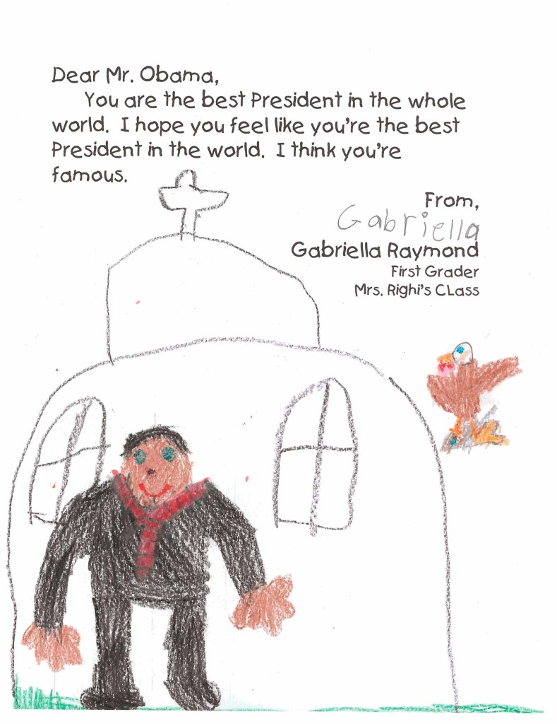 Gabriella Raymond's drawing of President Obama, who will be in Cooperstown Thursday, is one of the drawings by all the students in Mrs. Righi's first-grade class at Cooperstown Central School.