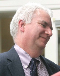 Bassett President/CEO Vance Brown chats with Wendell Tripp (not pictured), who objected to the "hospital zone."