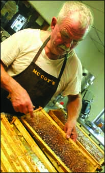 Beekeeper John McCoy prepares a frame from one of his 200 colonies of bees for the extractor. (Ian Austin/AllOTSEGO)