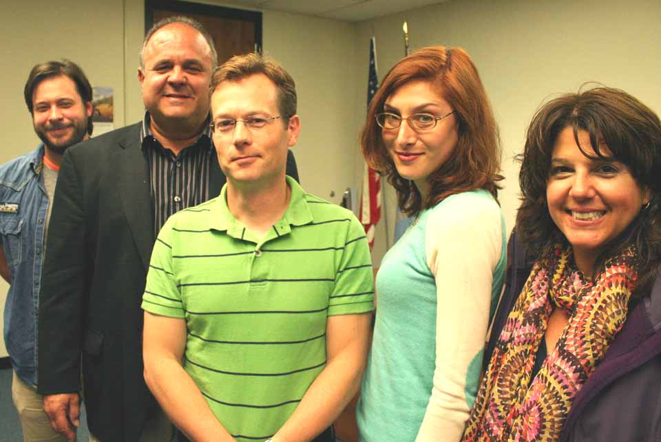 Democratic county chair Richard Abbatte, Cooperstown, second from left, poses with party members who took on new responsibilities this evening during the committee meeting at county Board of Representatives chambers in Cooperstown. From left are Mike Henrici, Cooperstown, committee secretary; David Rissberger, Oneonta, committee vice chair; Danielle Henrici, Cooperstown, who will represent the 101st Assembly District on the Democratic state committee, and Nicole Camarata, Oneonta, who is District 4 leader on the committee from the Town of Oneonta. (Jim Kevlin/allotsego.com)