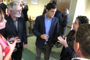 Congressional candidate Sean Eldridge is briefed on local issues by county Rep. Beth Rosenthal, Roseboom.  Counterclockwise from left are Rosenthal's husband Craig Levy, Barbara Monroe of Milford and Bennett Sandler of Fly Creek.