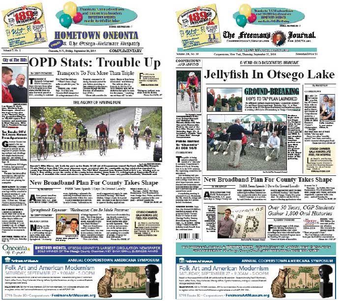 Hometown Oneonta reports OPD data shows college students transported to Fox has more than tripled over last year. The Freeman's Journal reports on jellyfish invading Otsego Lake.