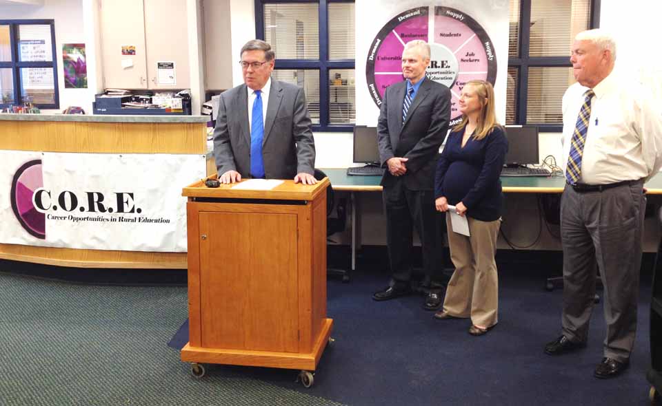 State Sen. Jim Seward, R-Milford, announces a $38,000 grant to support Milford Central School’s Career Opportunities in Rural Education (CORE) Initiative. With him are, from left, Edmeston Central Superintendent Brian Hunt, CORE Director Liz Rickard and Milford Central Superintendent Peter Livshin. (Jeff Bishop photo)