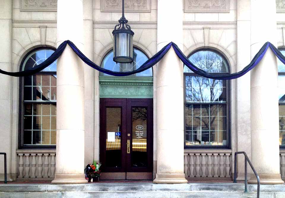 Bunting is hanging on Oneonta City Hall today, marking the passing of Mayor Richard P. Miller, Jr. (Jeff Bishop photo)