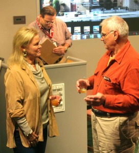 Hall chairman Jane Forbes Clark chats with an attendee after she and Hall President Jeff Idelson conducted a Q&A in the Hall's Bullpen Theater this afternoon.