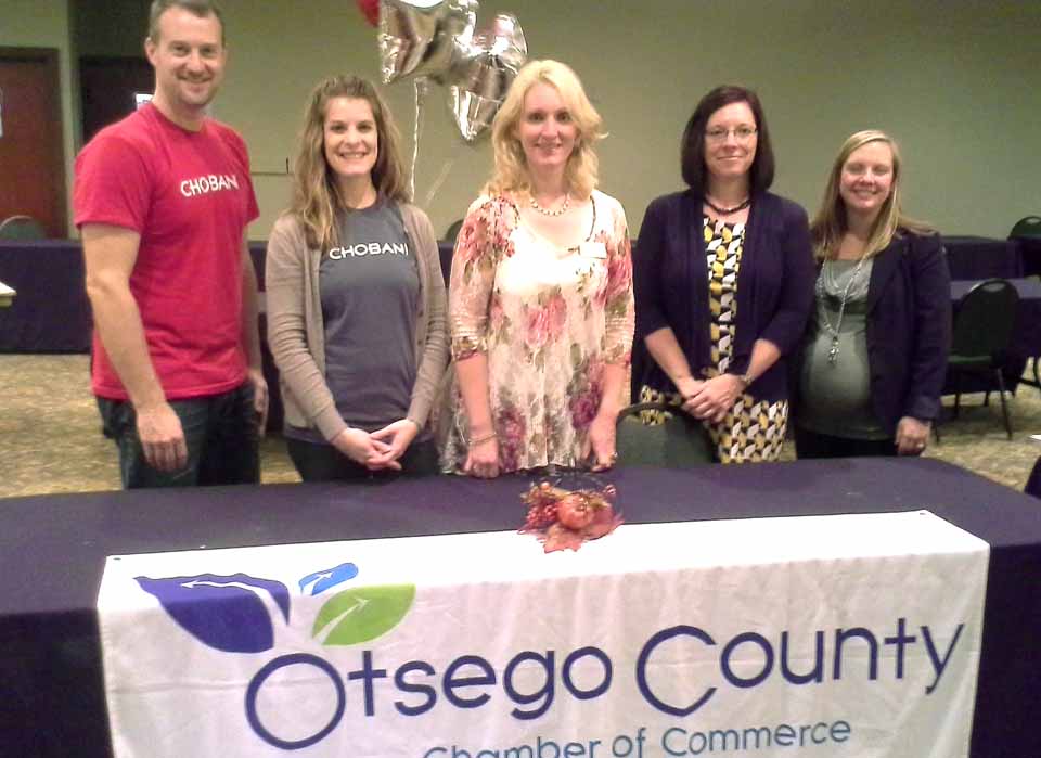 Attendees at today's Otsego County Chamber Career Fair included, from left, Don Brown and Cassandra Treen from  Chobani; chamber President/CEO Barbara Ann Heegan; chamber board member Kelly Zack Decker and Liz Rickard from CORE.  The event was at the Holiday Inn/Southside.  Heegan reported a good turnout at the event.