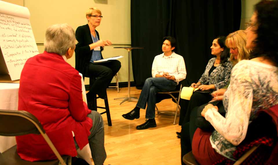 SUNY Oneonta President Nancy Kleniewski leads a discussion group that includes, clockwise from her right, Ernesto Henriquez from SUNY's Psychology Department; Southside Mall Manager and Foothills board president Luisa Montanti; Kelly Place from the Oneonta Arts Council; Ellen Sokolow, an architect now living in Franklin, and Joyce Miller, who chairs the city's Community Relations & Human Rights Commission.  (Jim Kevlin/allotsego.com)