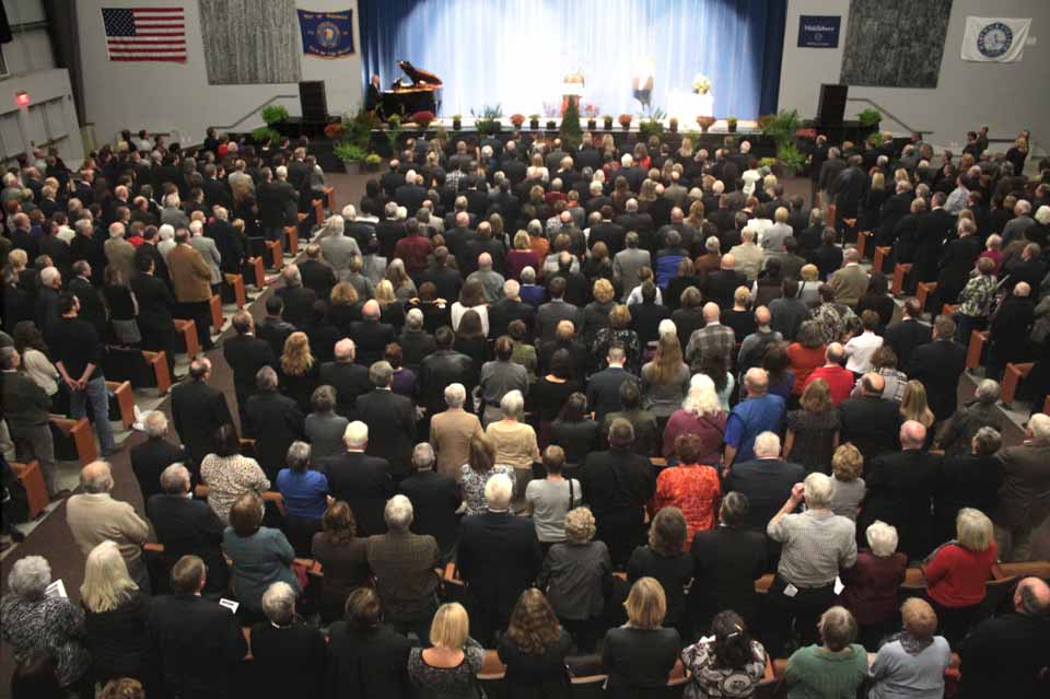 Over 800 citizens, family and friends filled Foothills to standing-room only capacity to say goodbye to Mayor Dick Miller at a Celebration of Life earlier this evening.  "Each of us is part of the photo mosaic that made up Dick Miller," said Bob Hanft, Pierstown, IDA chair who chaired the Hartwick trustees when Miller was college president.  "And he was part of ours."  (Ian Austin/allotsego.com)