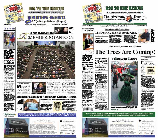 In Hometown Oneonta this week, the "City of the Hills" bears Mayor Dick Miller a final farewell. The Freeman's Journal details the variety of trees that are being planted today on Main Street, Cooperstown.