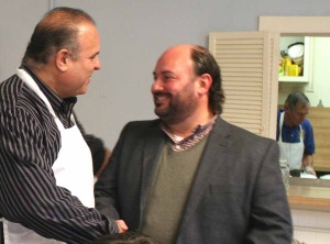 Democratic County Chair Richard Abbate, who, a Cooperstown Rotarian, was flipping flapjacks in the kitchen, came out to shake hands with Vince Casale, his Republican counterpart.