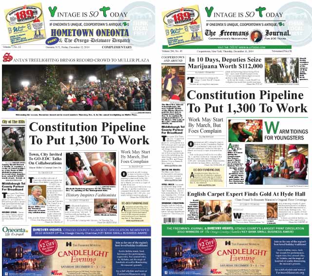 The current editions of Hometown Oneonta and The Freeman's Journal report on the Constitution Pipeline aiming to hire 1,300 workers to begin work, perhaps as soon as February, on the 124-mile natural-gas pipeline that runs, in part, through Delaware County.