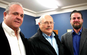 Hank Nicols. center, Democratic elections commissioner, will be succeeded by the current county chair, Richard Abbate, left, it was announced tonight.  Also, village chair Mark DiLorenzo, right, announced he is moving out of the village and will have to step aside.