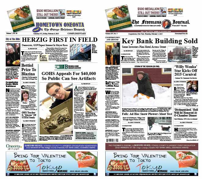 In this week's Hometown Oneonta, on newsstands today, former Oneonta mayor John Nader, the foremost kingmaker in city politics, throws his support behind Gary Herzig for mayor. A Freeman's Journal scoop reports the Key Bank building, Cooperstown's largest downtown block, has been sold for more than $1 million.