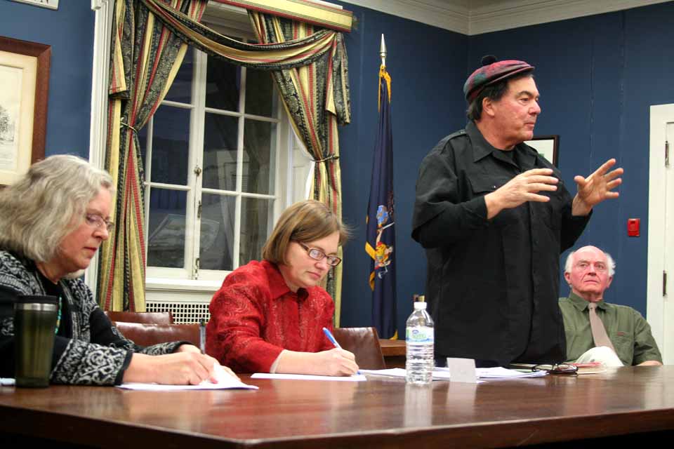 In opening statements at the League of Women's Candidates Forum that ended a few minutes ago, John Sansevere, Republican candidate for Cooperstown Village Board, says, "I'm not running against anyone; I'm running for the people ...  As trustees, we have to worry about the people who live here."  Incumbent Democrat Jim Dean, right, who spoke first, said, "We're very fortunate that we have the village that we have to build on," and is looking forward to working with "bright people" on the board for another term.  Incumbent Democrat Cindy Falk, second from left, ticked off four initiatives still to be completed that prompted her to seek another term: revising the 1994 comprehensive plan; the solar project; the downtown sidewalks and Chestnut-Main intersection upgrade, and infrastructure repair.  At left is Stephanie Bauer, moderator.  Polls will be open noon-9 p.m. Wednesday, March 18, at the firehouse.  (Jim Kevlin/allotsego.com)