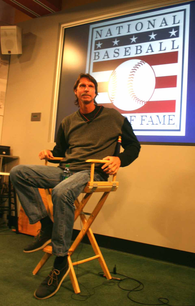 Randy Johnson, who took the Arizona Diamondbacks to a World Series title, answers questions a few minutes ago during a press briefing in the Hall of Fame's Bullpen Theater. Johnson, who will be inducted into the Hall on July 26 before an anticipated crowd of 50,000 people, is in Cooperstown today for pre-Induction tour and briefing. (Jim Kevlin/allotsego.com)