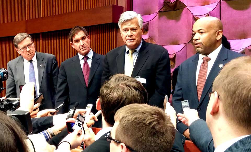 From left, Senator James L. Seward, Senate Coalition Co-Leader Jeff D. Klein, Senate Majority Leader Dean G. Skelos and Assembly Speaker Carl E. Heastie meet the media following the opening meeting of the general budget conference committee.