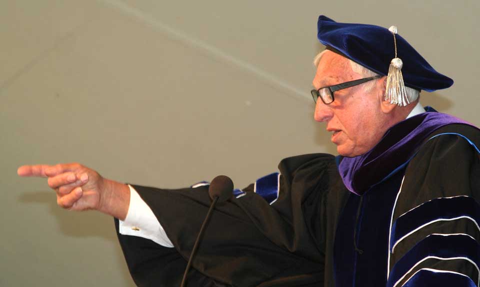 Stephen L. Green,'59, told Hartwick College's 350 graduates today that they should learn from life's inevitable disappointments, and not give up. He told how shares in his SL Green Realty Corp., the largest holder of Manhattan office space, dropped from $160 to $8 after the 2008 crash, a heavy blow at the time. Today, the company is worth $13 billion and recently joined the S&P 500. He also recognized Hartwick's winningest coach, Nick Lambros, right, who was in the audience to cheer on his pal. The two played on Hartwick teams together when they were students in the 1950s.