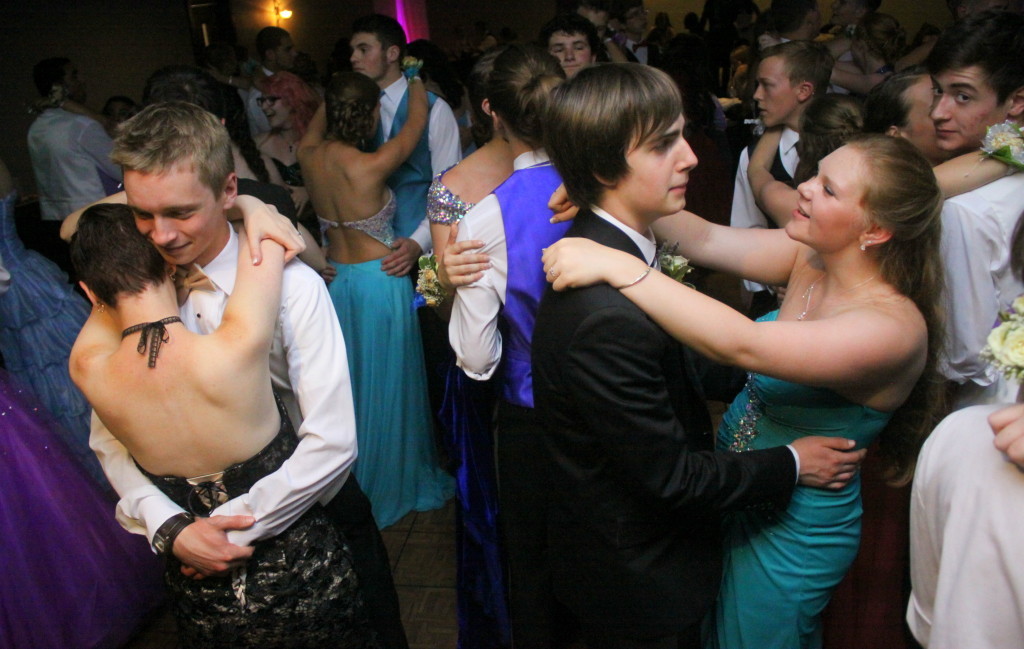 OHS seniors an guests enjoyed a night of dancing and reveling at the Holiday Inn where the 2015 prom was held on Thursday evening. Here, Amber Verelli, Amos Edgington, Josh Levins and Bailey LaTourette share one of the evenings slow dances. (Ian Austin/ allotsego.com) 
