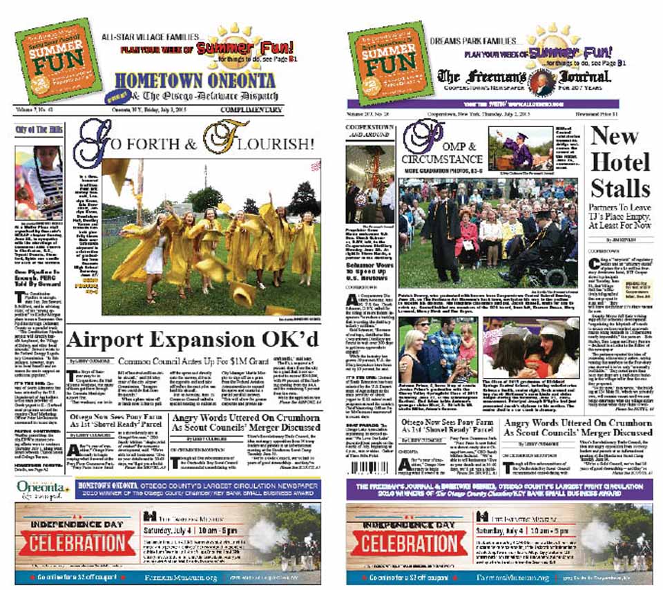 Hometown Oneonta features four pages of OHS graduation and prom photos, and ONC BOCES photos. The Freeman's Journal has a page of photos each for Cooperstown, CV-S, Milford and Richfield Springs central school commencements.