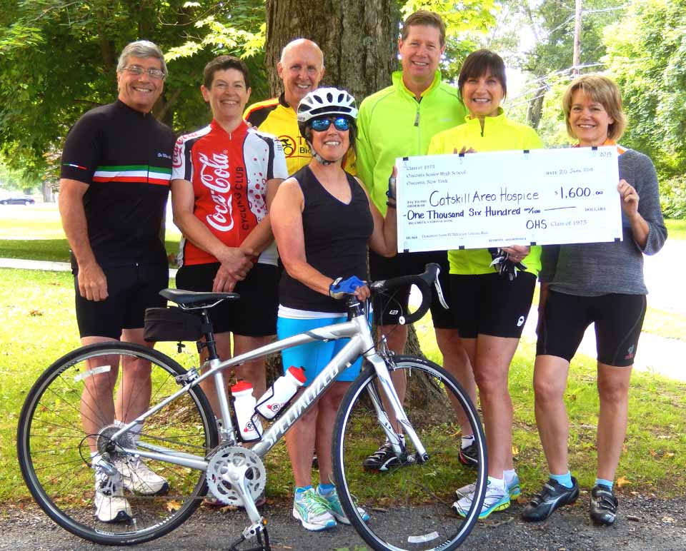 The Oneonta High School Class of 1975 raised $1,600 in its annual FUNraising cycling ride in June. Steve Talevi, OHS ’75, now of Roanoake, Va., sends along this photo of participating classmates, including, from left, Steve, Janice Thomas, North Adams, Mass.; Terry Waters, Gaithersburg, Md.; Carolyn Marks, Oneonta; Larry and Fran Callahan, Rexford; and Sue Clemons, Oneonta. Donations made after the ride, circling from and back to Morris on June 20, raised the total figure to $1,865.00. Donations came from cyclists, their classmates, friends and family members.