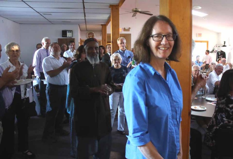 Oneonta City Judge Lucy Bernier, who is running for a second term in the Nov. 3 elections, acknowledges applause after being introducted Wednesday by mayoral candidate Gary Herzig at a "celebration and fundraiser" for his candidacy at the Sixth Ward Athletic Club.  More than 100 Herzig wellwishers showed up, a veritable who's who in Oneonta politics.  (Jim Kevlin/allotsego.com)