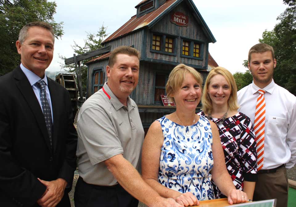 The Otsego County Chamber of Commerce this morning announced that Marcy Birch, center, proprietor, Barnyard Swing, Hartwick Seminary, has won this year’s Key Bank 16th annual Small Business of the Year Award, and Northern Eagle Hop Pelletizing Co., represented by George Allen, left of Birch, is the Excellus/Blue Cross Breakthrough Business of the Year. Others, from left, are Community Bank’s Joe Sutaris, the chamber board chair; chamber President Barbara Ann Heegan, and, representing Key Bank, Allen Ruffles, Cooperstown branch manager. The dinner will be Thursday, Oct. 15, at The Otesaga. For reservations, call 432-4500. (Jim Kevlin/AllOTSEGO.com)