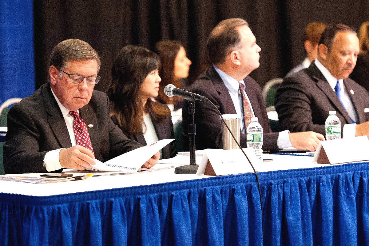 State Sen. Jim Seward, R-Milford, left, today joined, from left. State Environmental Facilities Corp. President/CEO Sabrina Ty, U.S. Department of Commerce Northeast Regional Director James Cox and National Urban League President Marc Morial in advising which three economic-development regions will share Governor Cuomo’s $1.5 billion Upstate Development Fund. (Jeff Bishop photo)