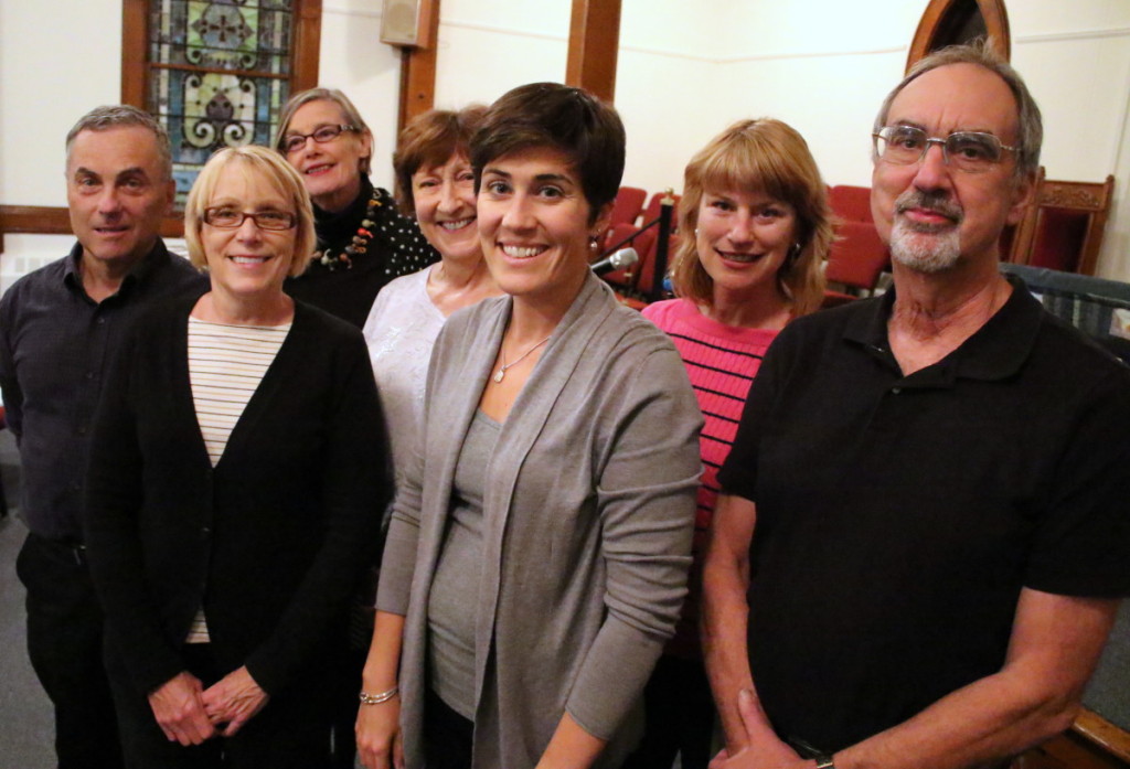 Corinne Bresee Smith, center, has been elected as the new President of the Greater Oneonta Historical Society, and stands with Vice President Wayne Wright, Kathy Meeker, Treasurer, Fiona Dejardin, outgoing Historian, Janet Potter, former President, secretary Cathy Nardi and Bob Brzozowski. The board voted on proposed bylaws, elected trustees and officers and removed the position of HIstorian. "The position was made before (GOHS) even had a building. " explained Brzozowski, "Changing times and bylaws made the position redundant. We are now moving toward having a paid director and employee who will do the work." (Ian Austin/ AllOTSEGO.com)