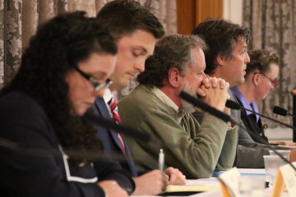 The league of Women Voters presented the debates at Morris Hall on the SUNY campus this afternoon where candidates for City Council and County Board discussed their stances on issues ranging from housing to City Managers. Here are the candidates for County Board; Janet Quackenbush, Andrew Stammel, Gary Koutnik, Craig Gelbsman and Amy HornburgHeilveil. (Ian Austin/ AllOTSEGO.com)