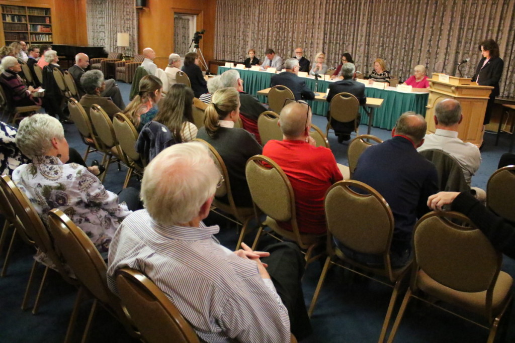 Maureen Hennessey, Paul van Der Sommen, Jeff Back, Laura Dohner, Michelle Osterhoudt, Dana Levinson and Madolyn Palmer discuss their various positions as candidates for the upcoming Common Council positions for 1st, 4th and 5th Wards in Oneotna. (Ian Austin/ AllOTSEGO.com)
