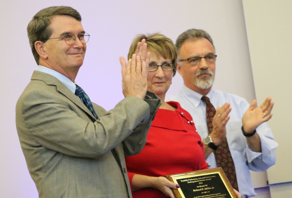 Foothills board members Jim Kevlin, Roxana Hurlburt and Bill Youngs, executive director, posthumously awarded Mayor Dick Miller and Carol Blazina with the inaugural Foothills Distinguished Service awards at tonight's annual Taste of Foothills fundraiser. Both individuals were instrumental in the creation and success of the Foothills Preforming Arts Center and passed away in 2014. (Ian Ausin/ AllOTSEGO.com)