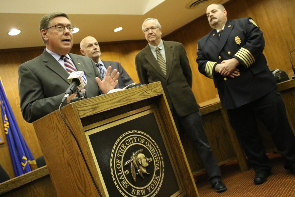 In a press conference at Oneonta's City Hall, Senator Jim Seward, flanked my Mayor Gary Herzig, Councilman Larry Malone and Fire Chief Patrick Pigeon, announced the passing of the SUNY Impact Aide bill, which would supply Oneonta with $415,000 annually for emergency services to students. Fire Chief Patrick Pigeon said they get approximately 80-90 student related calls per semester. The State's financial support of public safety would be vitally important to help stabilize city finances as well as lowering the cost of living for residents. "The SUNY Campus brings us many benefits, but there is a cost for the host community." said Seward, "The state has a responsibility to help and it's the right thing to do for home town taxpayers."(Ian Austin/AllOTSEGO.com)