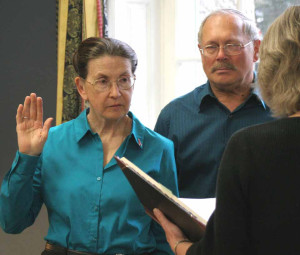 Trustee Joan Nicols and her husband Hank at her swearing-in on April 1, 2013. (AllOTSEGO.com photo)