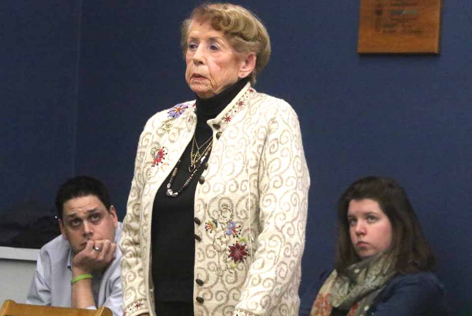 Longtime paid-parking opponent Joan Clark, a Main Street property owner, said she asked others to join her at the Village Board meeting this evening: "They're comment was, 'Why bother?'" Mrs. Clark and, behind her, Cooperstown Chamber of Commerce Executive Director Matt Hazzard, were the only two people to speak in opposition to extending on-street paid parking from Labor Day to Columbus Day. Rich McCaffery spoke in favor of the idea. The trustees then voted unanimously in favor of the measure. In their individual comments, they said the opinion sample Hazzard had collected – about 60 of more than 300 members – was too small, and that the revenue paid parking has generated – $380,000 – has made the village more financially viable. (Jim Kevlin/AllOTSEGO.com)