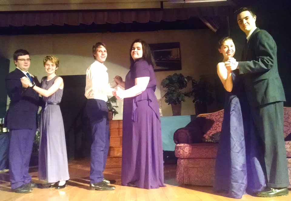Featured in Morris Central's production of "Rumors" are, from left, Sophia Garry, Joe Card, Isaac Whitbeck, Maeve Kranbuhl, Deirdre Brett and Griffin Leboffe.
