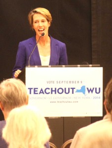 Zephyr Teachout was much in evidence in Otsego County in 2014 – here, she appeared at Foothills in Oneonta that September – when she challenged Governor Cuomo in the Democratic primary, winning 40 Upstate counties. (AllOTSEGO.com photo)