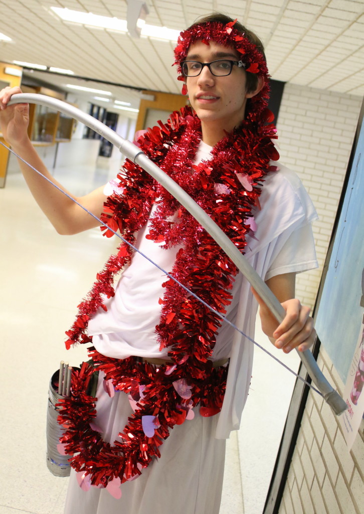 Dan Mazzei dressed up as Cupid today to roam the halls of Oneonta High School, selling Valentine's Day Cookie-Grams for the French Club. (Ian Austin/AllOTSEGO.com)