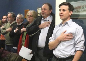 Will Yandik, right, recites the Pledge of Allegiance as the committee meeting began. Next to him are Bill Elsey, Springfield; Carol Malz, Oneonta; Tim Gibson, Oneonta, and Barbara Monroe, Hartwick.