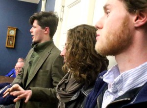 Politically active SUNY Oneonta students at this evening's committee meeting are, from left, Frank Pacella, Emma Cohen and Shane Digan.