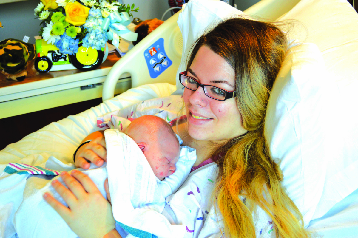 A week overdue, Leap Year baby Knox Anthony Barringer was born at 4:41 p.m. on Monday, Feb. 29 at Bassett Hospital, to mom Shelby Brooks, pictured, and dad Dakota Barringer, West Edmeston. He weighed 9 pounds, 2 ounces and was 22 inches long. (Bassett Hospital photo)