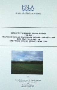 This is the cover of the waterpark feasibility study report for a Town of Hartwick site by Hotel & Leisure Advisors of Cleveland.