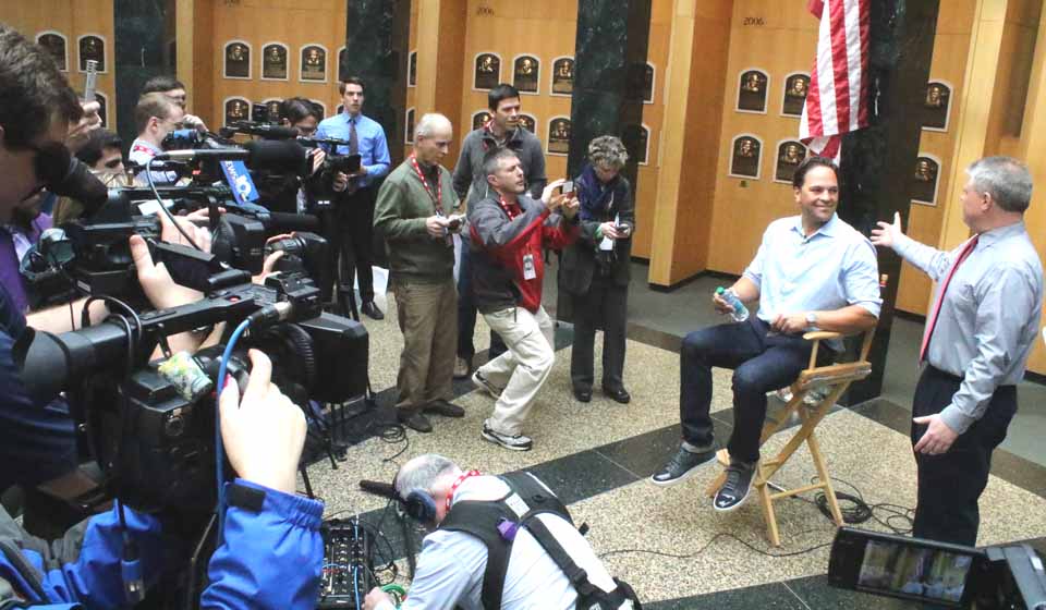 Mike Piazza answers questions is greeted by the press at the Baseball Hall Of Fame