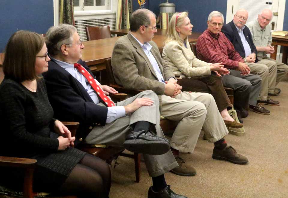With no contested races in tomorrow's Cooperstown village elections, the whole Village Board answered questions at a League of Women Voters' this evening at 22 Main. From left are Trustees Cindy Falk and Richard Sternberg, Mayor Jeff Katz, Trustees Ellen Tillapaugh Kuch, Lou Allstadt, Bruce Maxson and Jim Dean. Katz, Maxson and Sternberg will be on the ballot Tuesday, when polls are open noon-7 p.m. at the fire hall. (Jim Kevlin/AllOTSEGO.com)