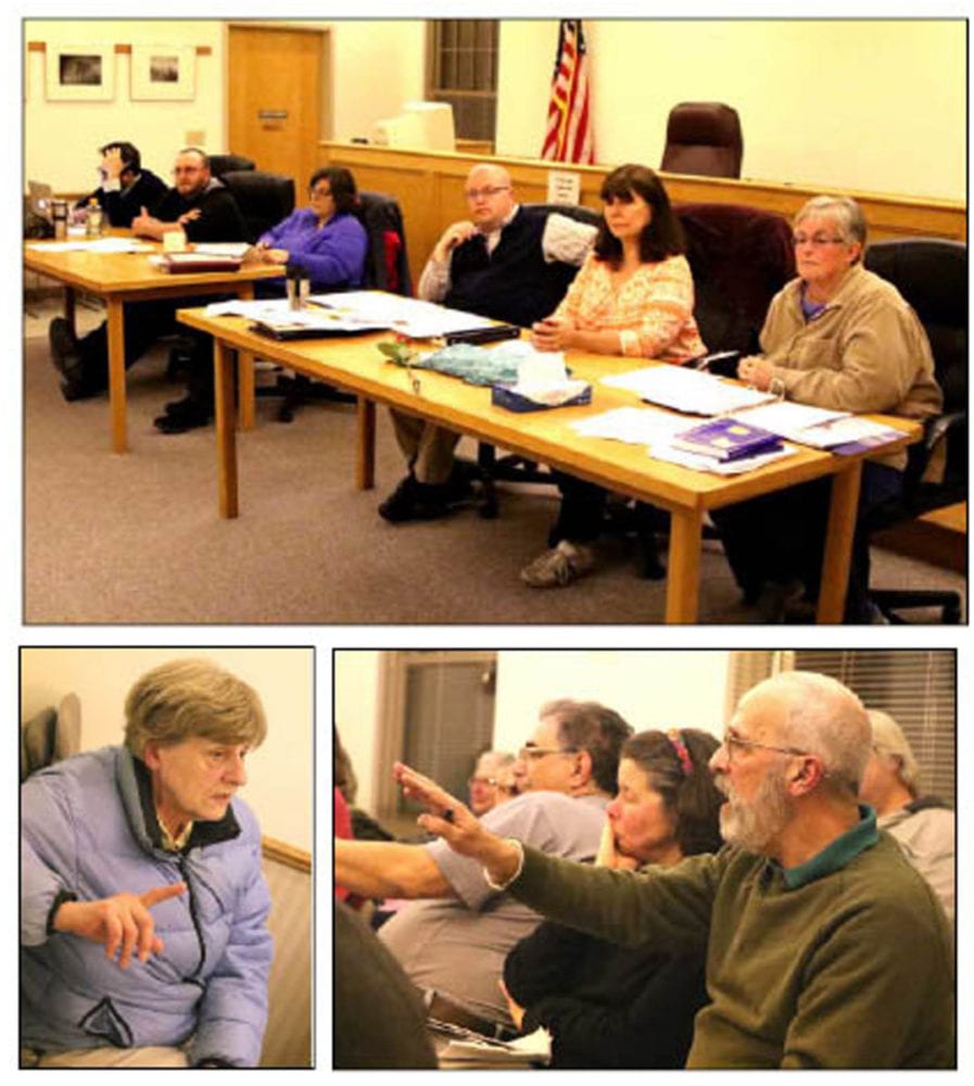 At Monday's Hartwick Town Board meeting, Town Supervisor Bob O'Brien, center in top photo, expressed enthusiasm about the waterpark proposed for Hartwick Seminary. But former town supervisor Pat Ryan, lower left, and residents Jim Herman, lower right, seated by former OCCA president Martha Clarvoe, expressed some concerns. (Ian Austin/AllOTSEGO.com)