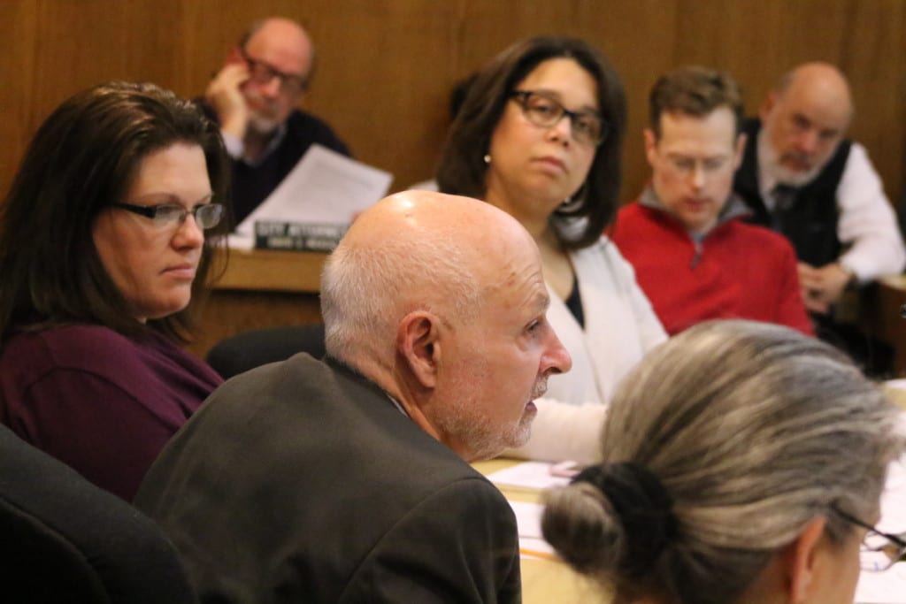 Council Members Michelle Osterhaudt, Fourth Ward and Dave Rissberger, Third Ward, alongside Acting City Manager Meg Hungerford listen to Mayor Gary Herzig's Charter Review recommendations. The group agreed with Herzig's recommendations, and the charter is expected to be brought forward for a vote in the coming days.