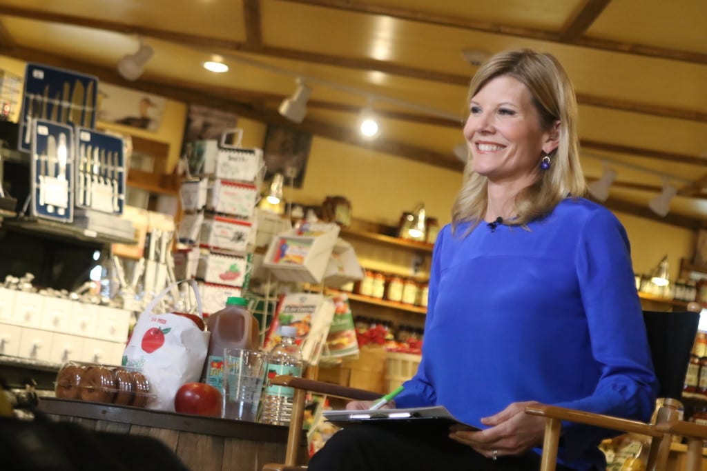 MSNBC anchor Kate Snow broadcast her show live today from the Fly Creek Cider Mill. Though her co-host Craig Melvin was ill and unable to attend, he intends to be there when the broadcast continues tomorrow. "Upstate voters matter," she said. "Our viewers want to see the people who are voting in this primary." (Ian Austin/AllOTSEGO.com)