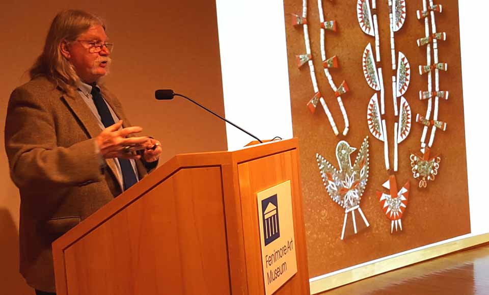Roddy Moore, a 1971 Cooperstown Graduate Program alumni, returned tonight to give the annual Bruce Buckley lecture on "Thunderbird Jewelry of the Santo Domingo Pueblo." The jewelry was also known as "Depression Jewelry" and was made from records, plastic and other salvage, then sold to tourists. Before he began studying it, no other studies had ever been done, and most antique stores hid it in the back. (Ian Austin/AllOTSEGO.com)